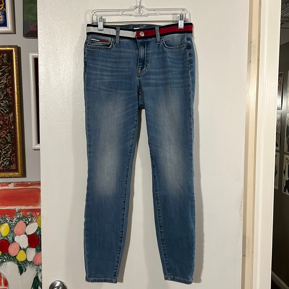 Tommy Hilfiger high rise legging with self belt blue denim jeans